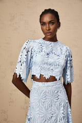 Mariuccia Top & Skirt Set Blue Guipure Lace Floral Cut - Out Scallop Trim Calf - Length