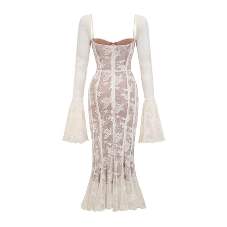Marlene flared lace maxi dress in White