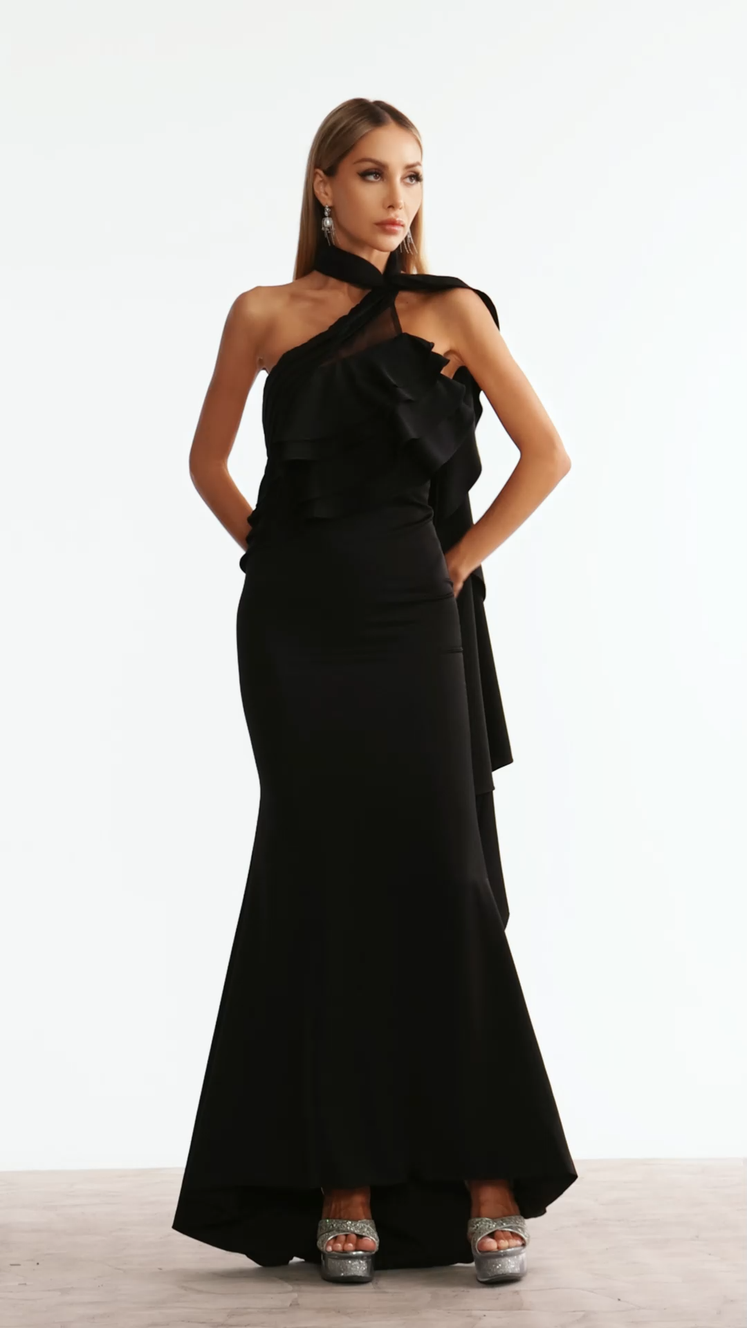 Marley Black Halter Neck Flounce Detail Dress for Special Occasions