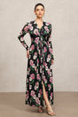 Marley Black Floral Maxi Dress with Long Sleeves and Deep Neckline