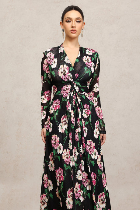 Marley Black Floral Maxi Dress with Long Sleeves and Deep Neckline