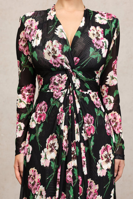 Marley Black Floral Maxi Dress Long Sleeve Deep Neckline Lightweight Fabric Slit Detailing