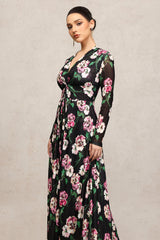 Marley Black Floral Print Maxi Dress with Long Sleeves and Deep Neckline