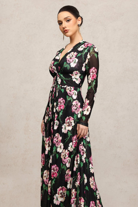 Marley Black Floral Print Maxi Dress with Long Sleeves and Deep Neckline
