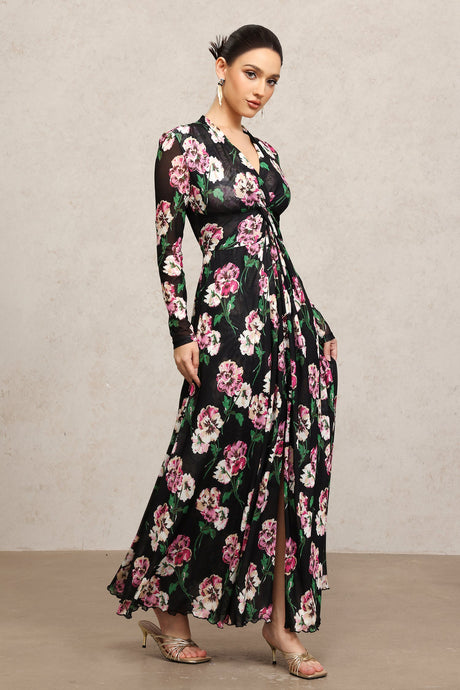 Marley Black Floral Print Maxi Dress Long Sleeve Deep Neckline Lightweight Fabric Stunning Slit Elegant Chic Sophisticated Women's Dress