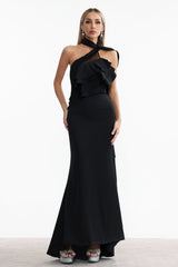 Marley Black Halter Neck Flounce Detail Dress for Special Occasions