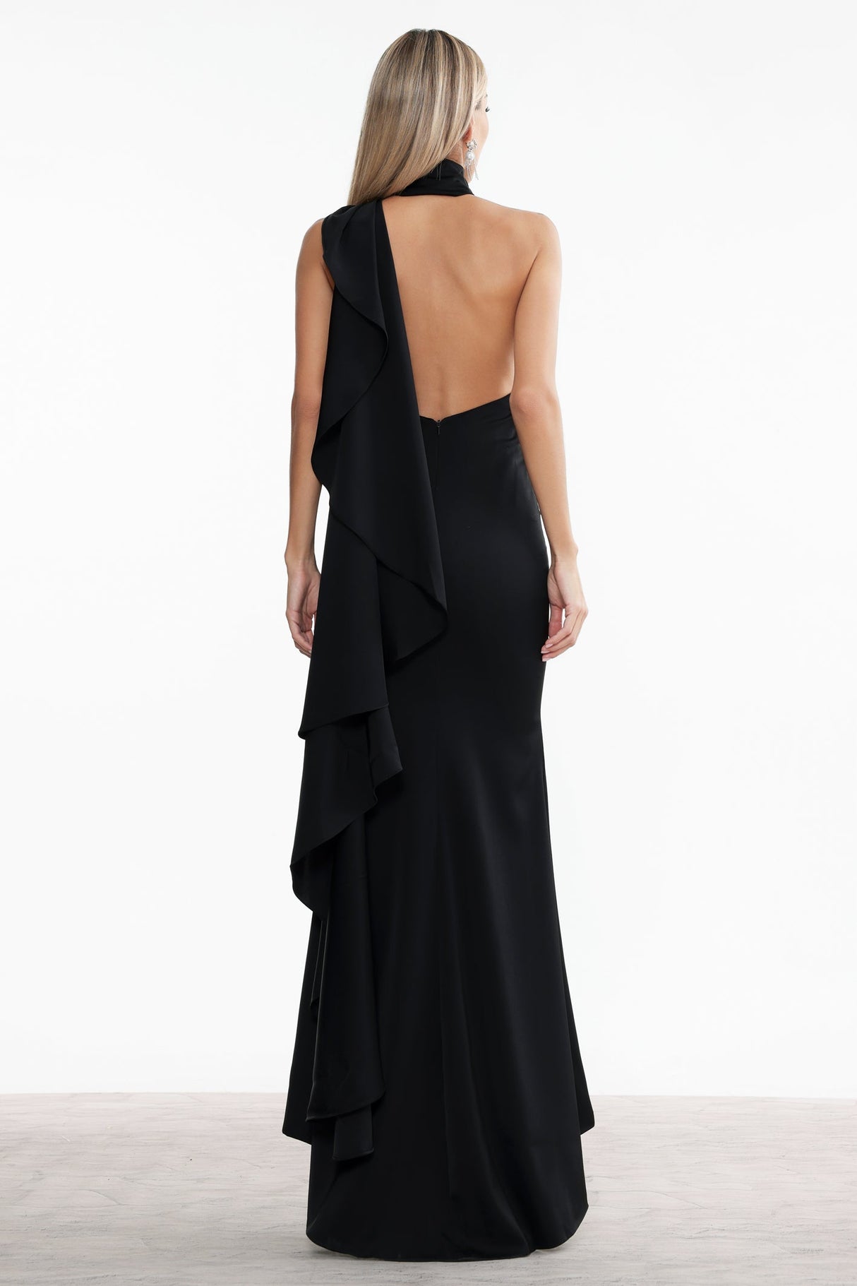 Marley Black Halter Neck Flounce Detail Dress for Special Occasions
