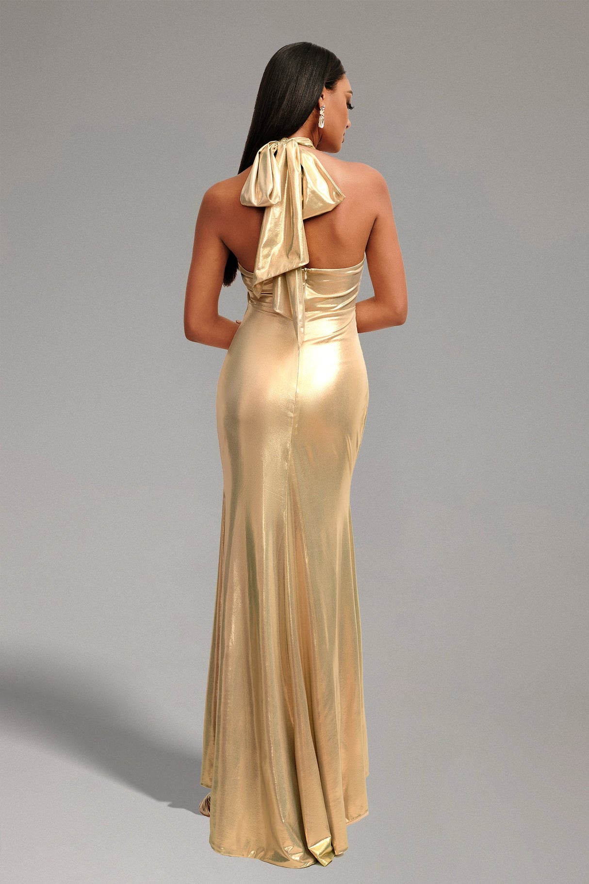 Marley Gold Lace-Up Plunging Neckline Dress with High Slit for Evening Events or Special Occasions