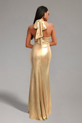 Marley Gold Lace-Up Plunging Neckline Dress with High Slit for Evening Events or Special Occasions