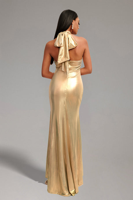Marley Gold Lace-Up Plunging Neckline Dress with High Slit for Evening Events or Special Occasions