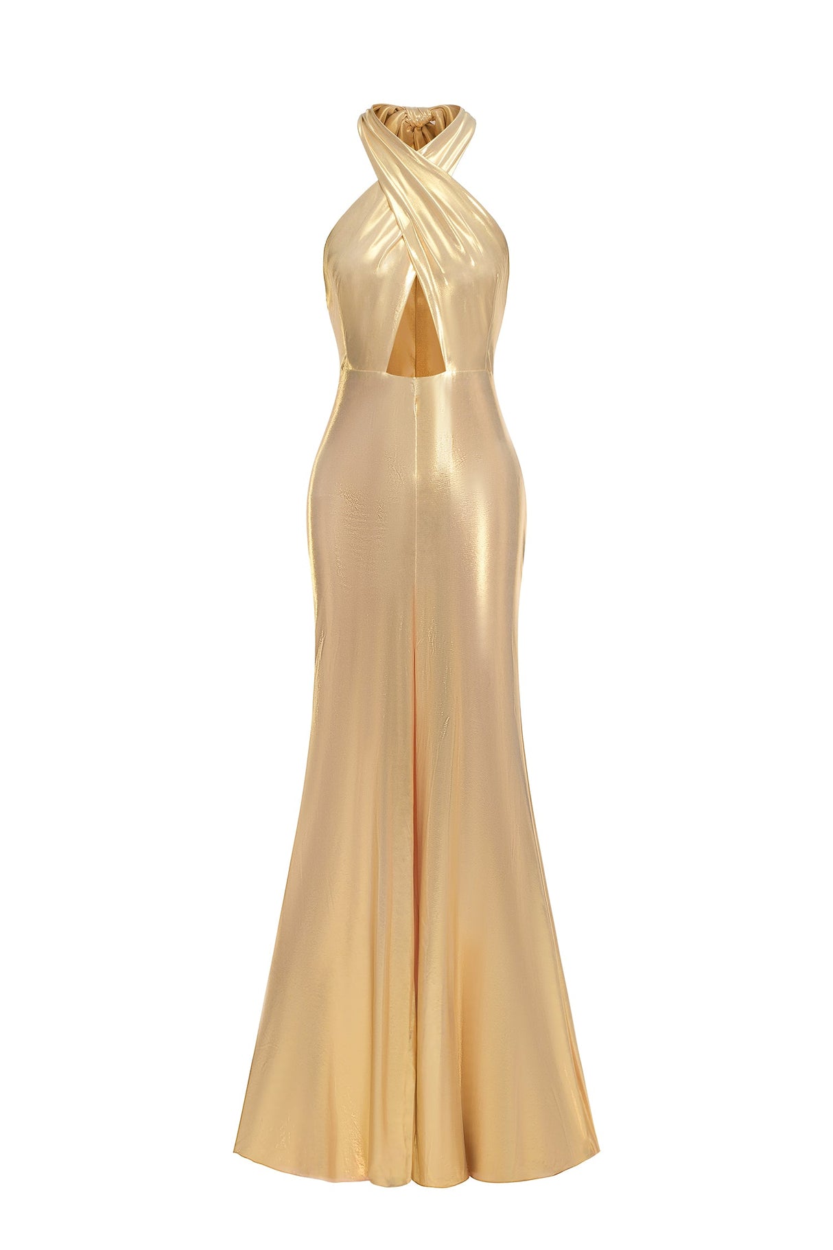 Marley Gold Lace-Up Plunging Neckline High Slit Evening Dress