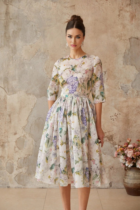 Marta Midi Dress Floral Print Shirred Flounce Hem Calf Length