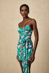 Marta Mini Dress Green Floral Off Shoulder Bow Ribbon Chic Bouquet