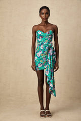 Marta Mini Dress Green Floral Off Shoulder Bow Ribbon Chic Bouquet