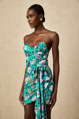 Marta Mini Dress Green Floral Off Shoulder Bow Ribbon Chic Bouquet