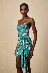 Marta Mini Dress Green Floral Off Shoulder Bow Ribbon Chic Bouquet
