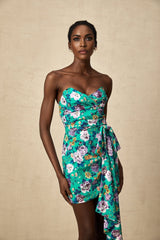 Marta Mini Dress Green Floral Off Shoulder Bow Ribbon Chic Bouquet