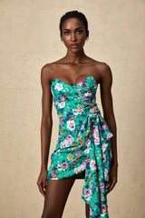 Marta Mini Dress Green Floral Off Shoulder Bow Ribbon Chic Bouquet