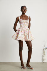 Marta Mini Dress Pink Floral Corset Pleat Tie Zip