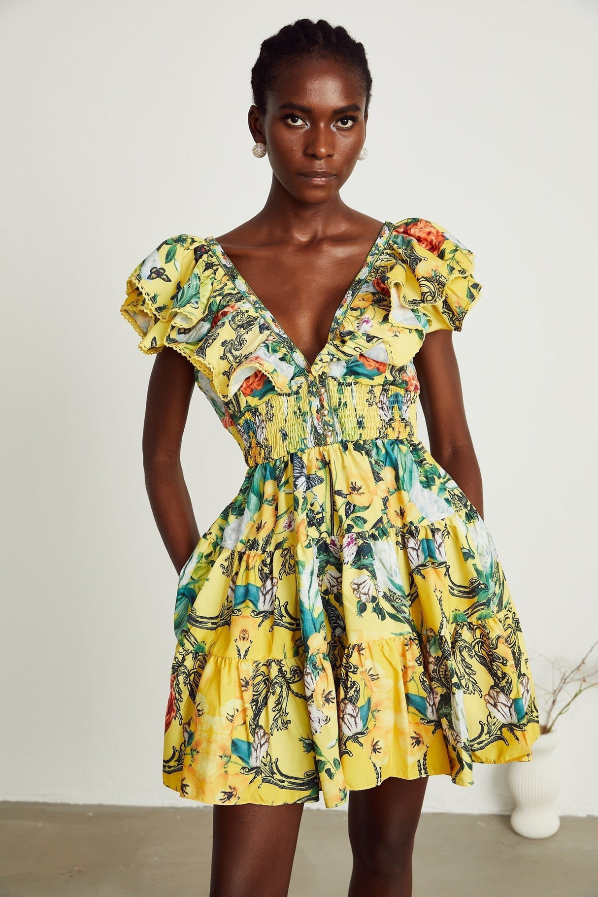 Marta Mini Dress Yellow Floral Ruffle Crystal Embellishments