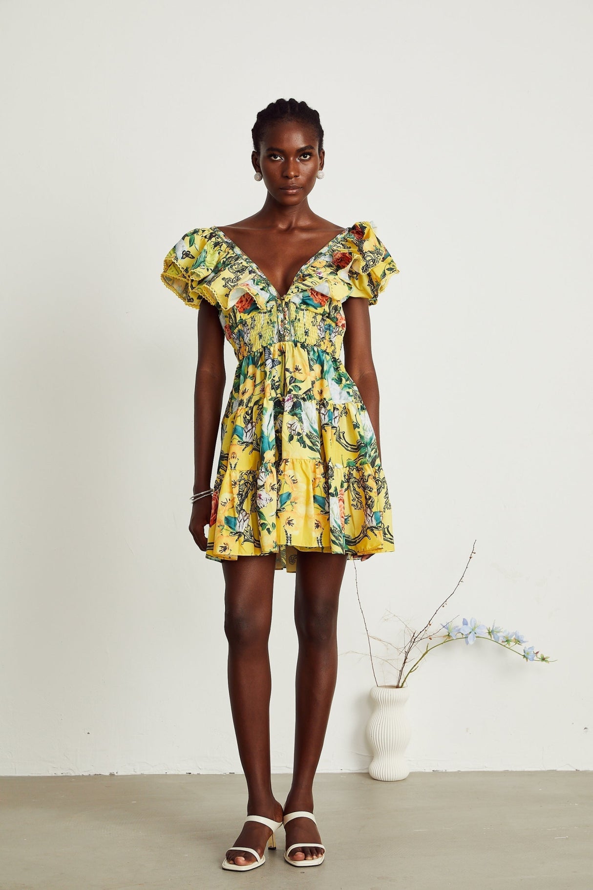 Marta Mini Dress Yellow Floral Ruffle Crystal Embellishments