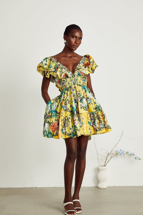 Marta Mini Dress Yellow Floral Ruffle Crystal Embellishments
