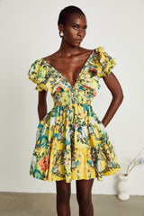 Marta Mini Dress Yellow Floral Ruffle Crystal Embellishments
