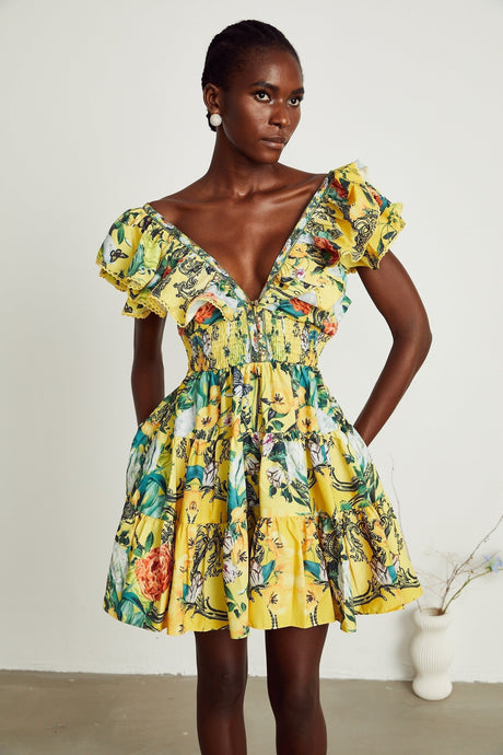 Marta Mini Dress Yellow Floral Ruffle Crystal Embellishments