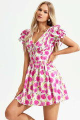 Marta Pink Floral Backless Dress Short Sleeves Cinched Waist Casual