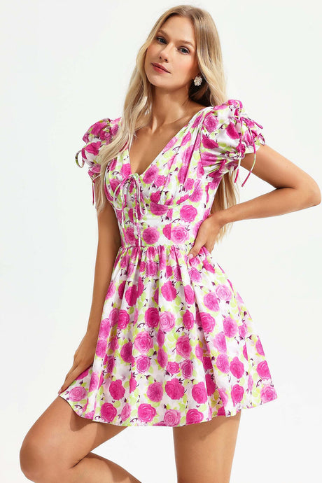 Marta Pink Floral Backless Dress Short Sleeves Cinched Waist Casual