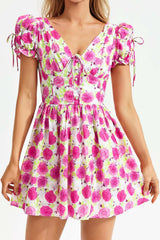 Marta Pink Floral Backless Dress Short Sleeves Cinched Waist Casual