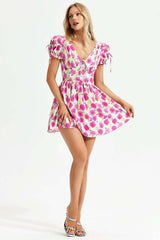 Marta Pink Floral Backless Dress Short Sleeves Cinched Waist
