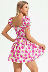 Marta Pink Floral Backless Dress Short Sleeves Cinched Waist Casual
