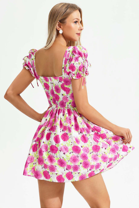 Marta Pink Floral Backless Dress Short Sleeves Cinched Waist Casual