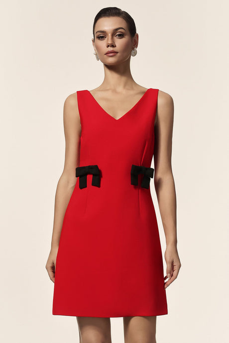 Marta Red V-neckline Sleeveless Dress with Bowknot Detailing