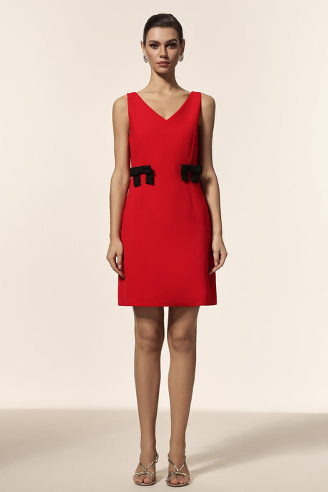 Marta Red V-neckline Sleeveless Bowknot Detail Dress