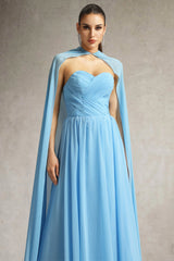 Martina Blue Strapless Maxi Dress with Cape and Pleated Detailing