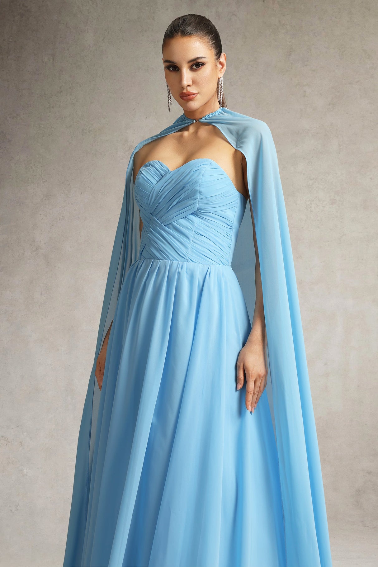 Martina Blue Strapless Maxi Dress with Pleated Detailing and Cape for Formal Occasions