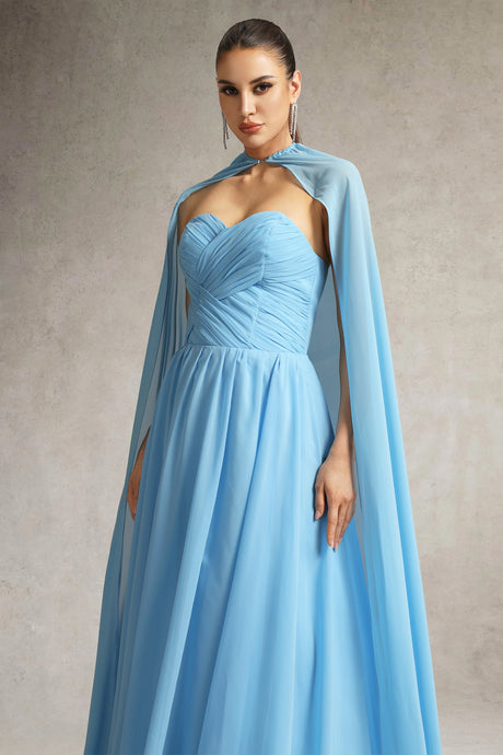 Martina Blue Strapless Maxi Dress with Pleated Detailing and Cape for Formal Occasions