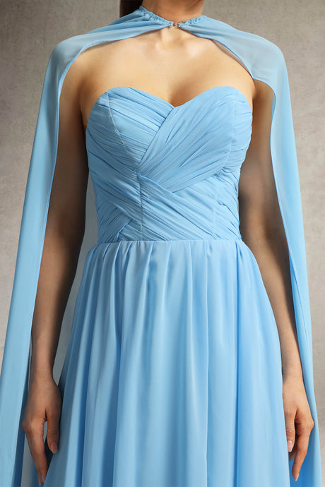 Martina Blue Strapless Maxi Dress with Cape and Pleated Detailing