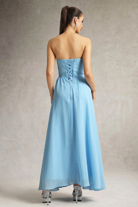 Martina Blue Strapless Maxi Dress with Cape