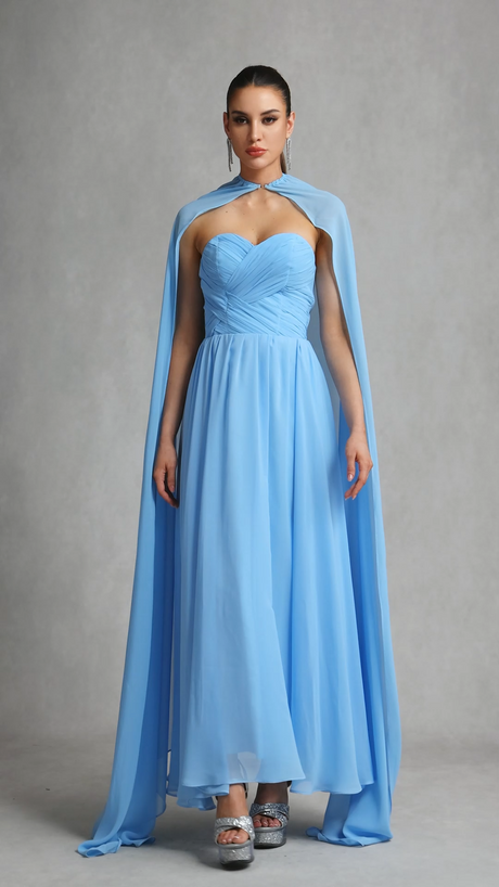Martina Blue Strapless Maxi Dress with Cape