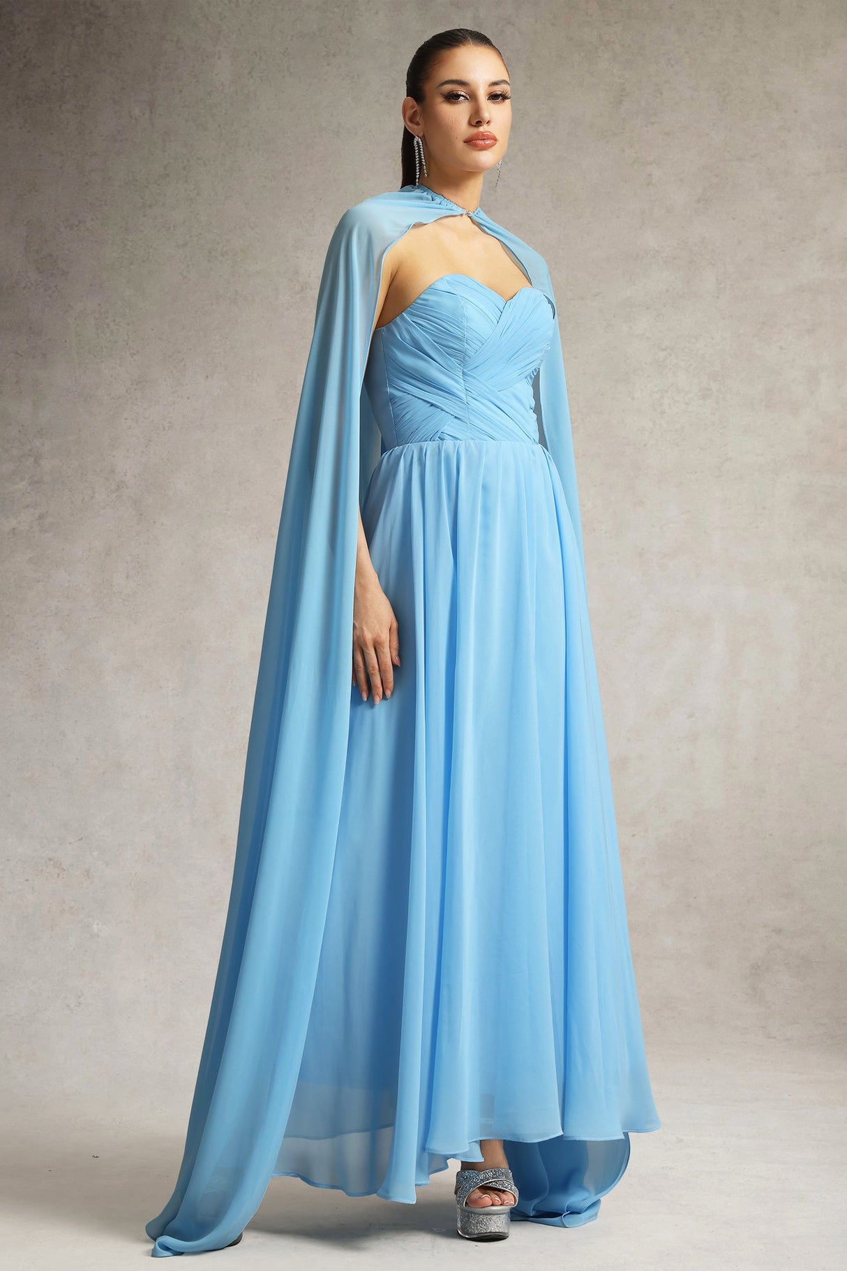 Martina Blue Strapless Maxi Dress with Pleated Detailing and Cape for Formal Occasions