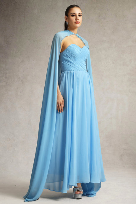 Martina Blue Strapless Maxi Dress with Pleated Detailing and Cape for Formal Occasions