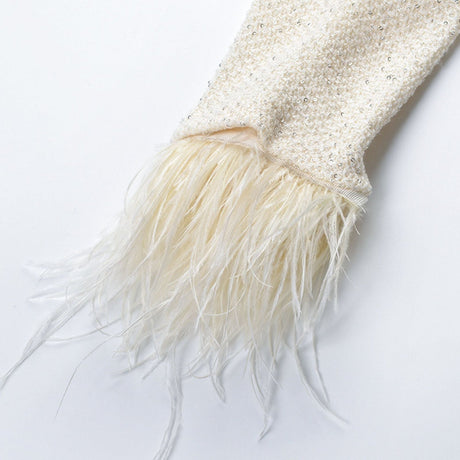 Martina Jacket White Cropped with Faux Pearl & Feather Trim