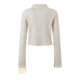 Martina Jacket White Cropped with Faux Pearl & Feather Trim