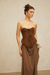 Martina Maxi Dress Brown Butterfly Pin Detail & Lace - Up Corset