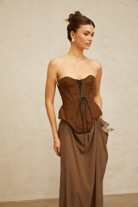 Martina Maxi Dress Brown Butterfly Pin Detail & Lace - Up Corset