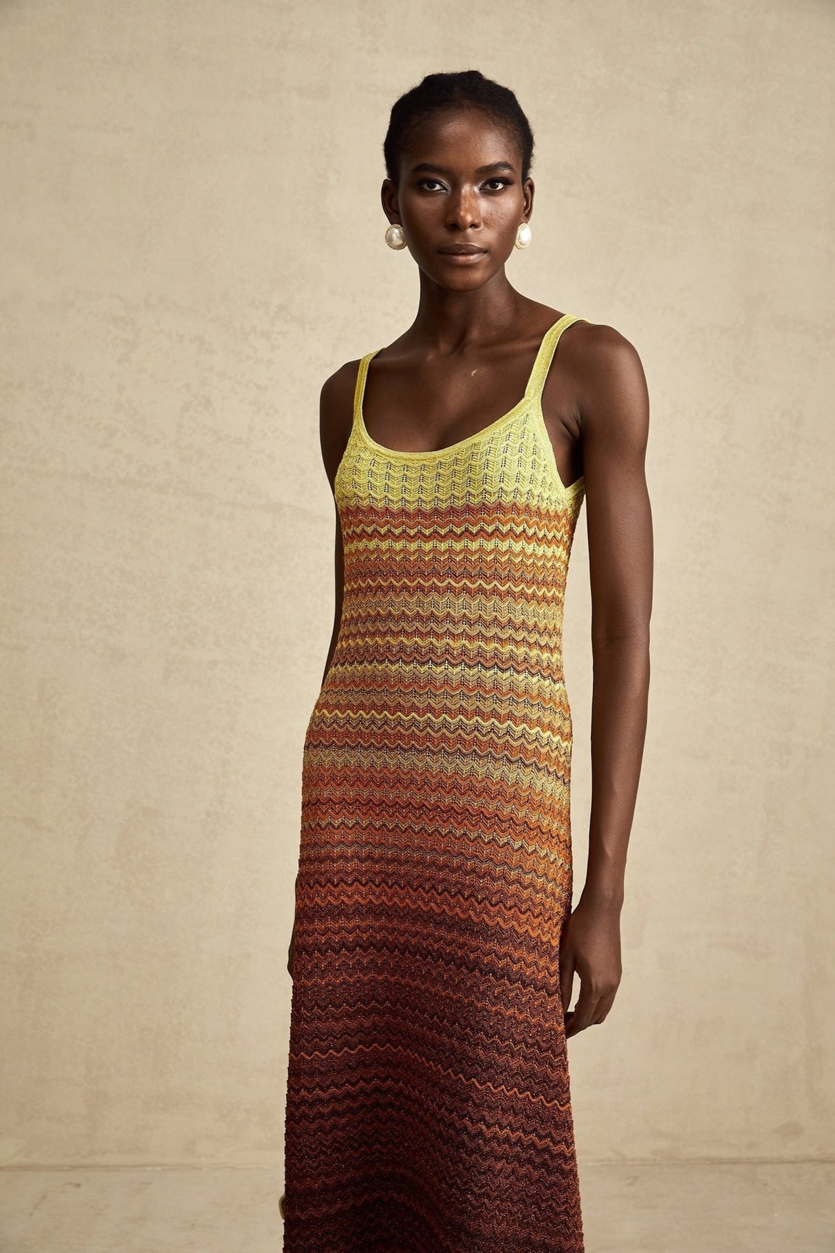 Martina Maxi Dress in Brown Gradient with Spaghetti Straps & Knitted Design
