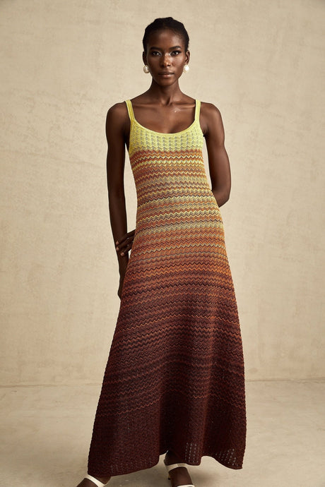 Martina Maxi Dress in Brown Gradient with Spaghetti Straps & Knitted Design